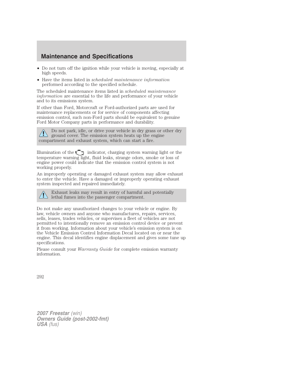 Maintenance and specifications | FORD 2007 Freestar v.2 User Manual | Page 292 / 320