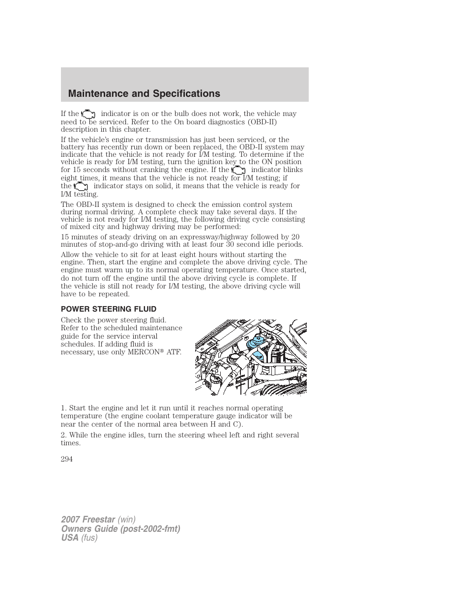 Power steering fluid, Maintenance and specifications | FORD 2007 Freestar v.2 User Manual | Page 294 / 320