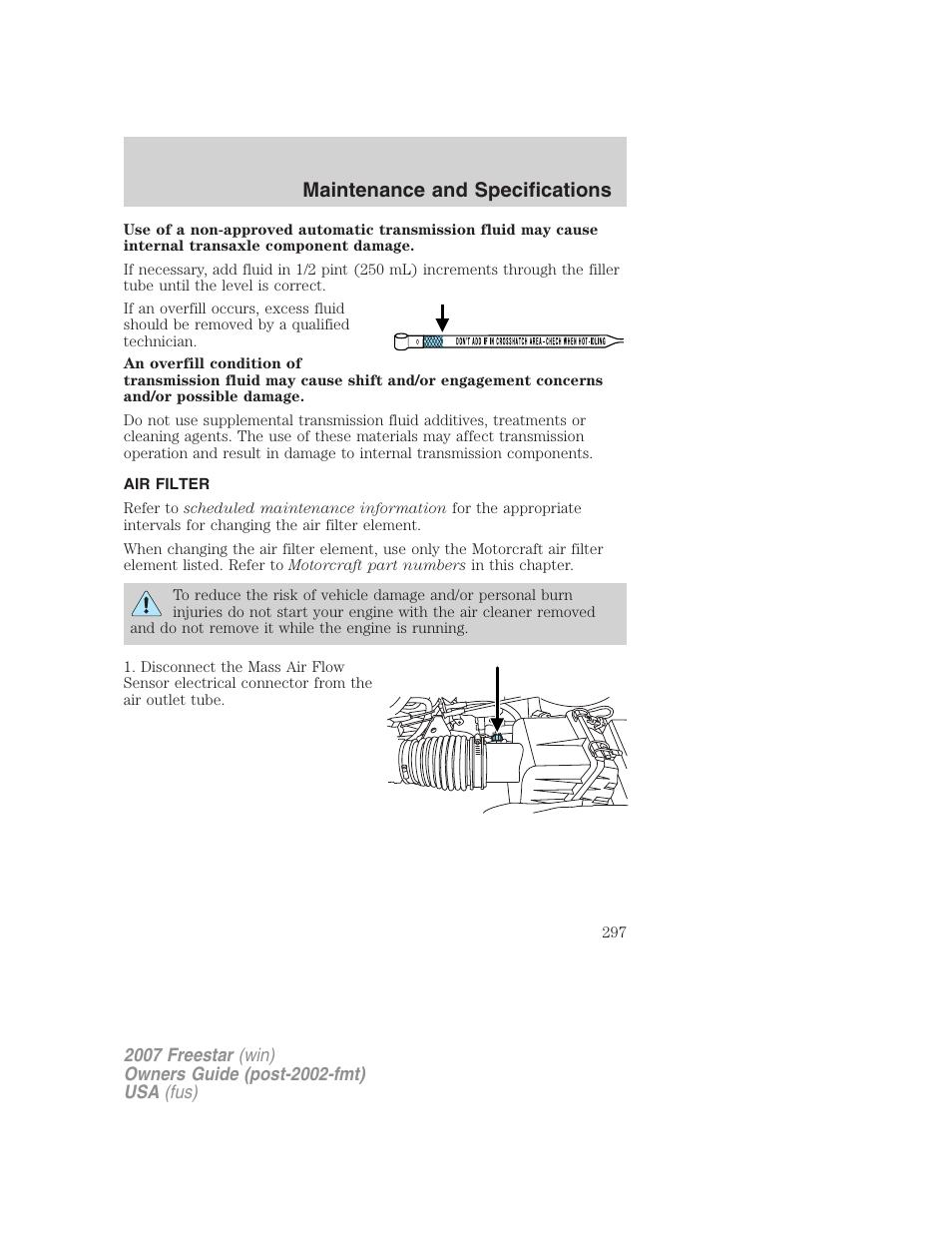 Air filter, Air filter(s), Maintenance and specifications | FORD 2007 Freestar v.2 User Manual | Page 297 / 320