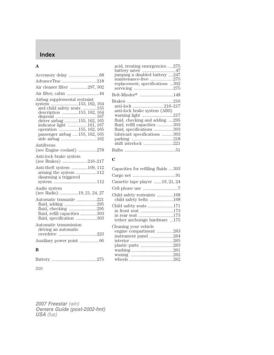 Index | FORD 2007 Freestar v.2 User Manual | Page 310 / 320