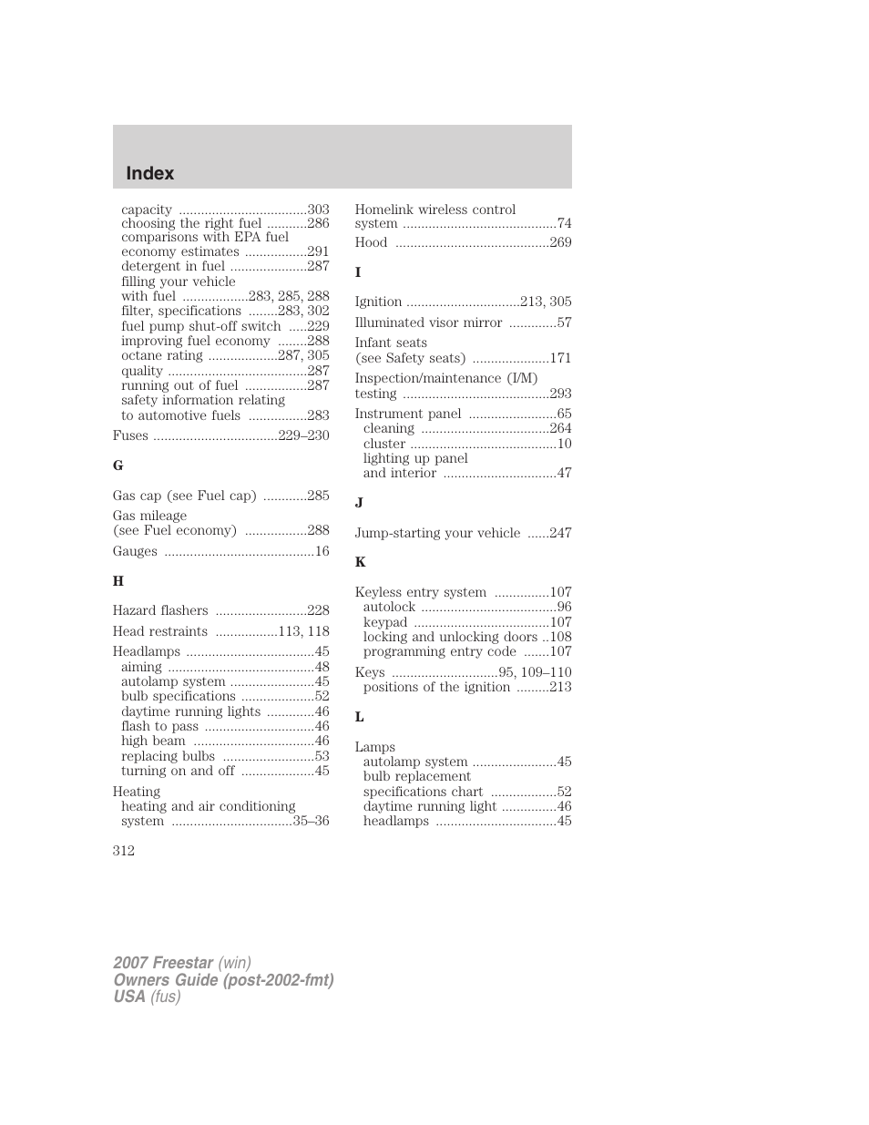 Index | FORD 2007 Freestar v.2 User Manual | Page 312 / 320