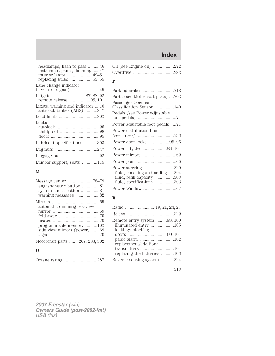 Index | FORD 2007 Freestar v.2 User Manual | Page 313 / 320