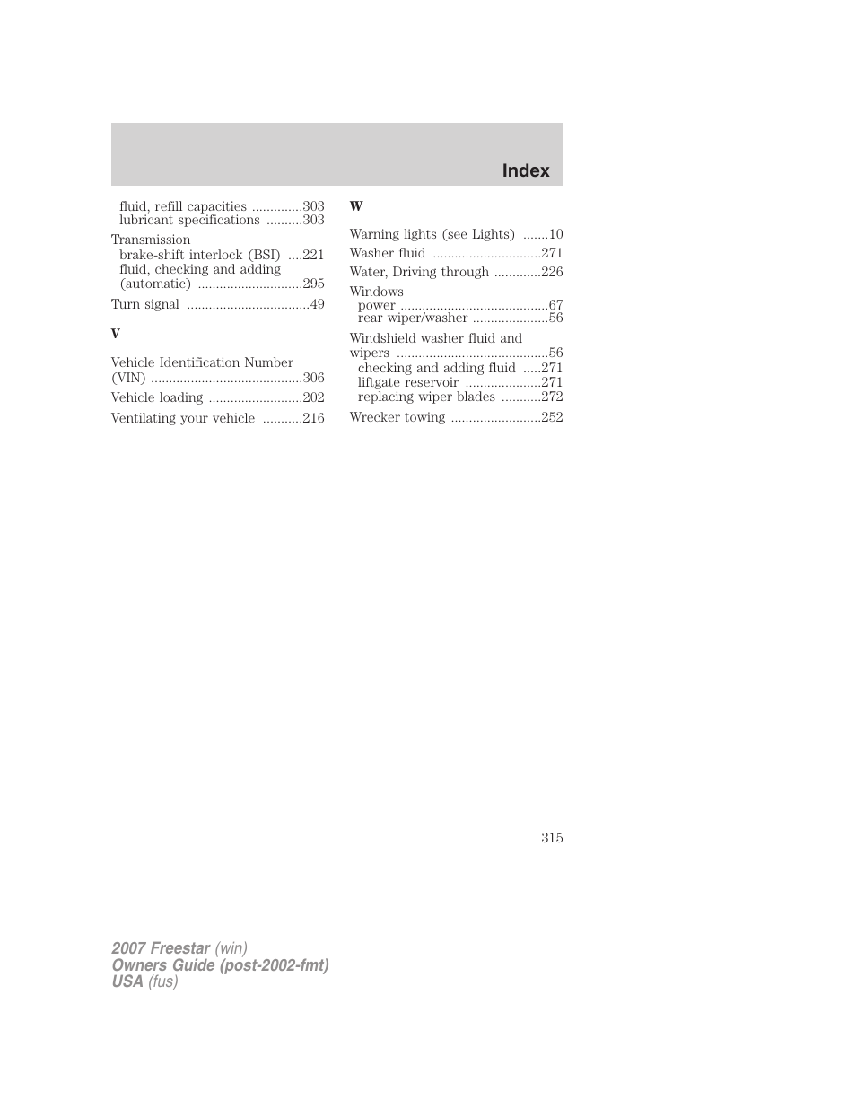 Index | FORD 2007 Freestar v.2 User Manual | Page 315 / 320