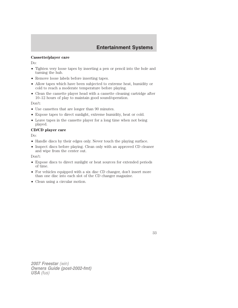 Entertainment systems | FORD 2007 Freestar v.2 User Manual | Page 33 / 320