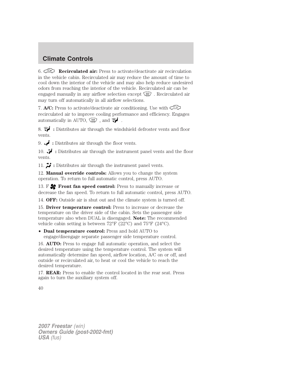 Climate controls | FORD 2007 Freestar v.2 User Manual | Page 40 / 320