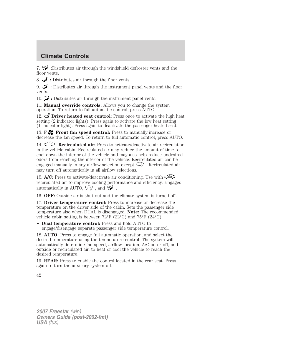 Climate controls | FORD 2007 Freestar v.2 User Manual | Page 42 / 320