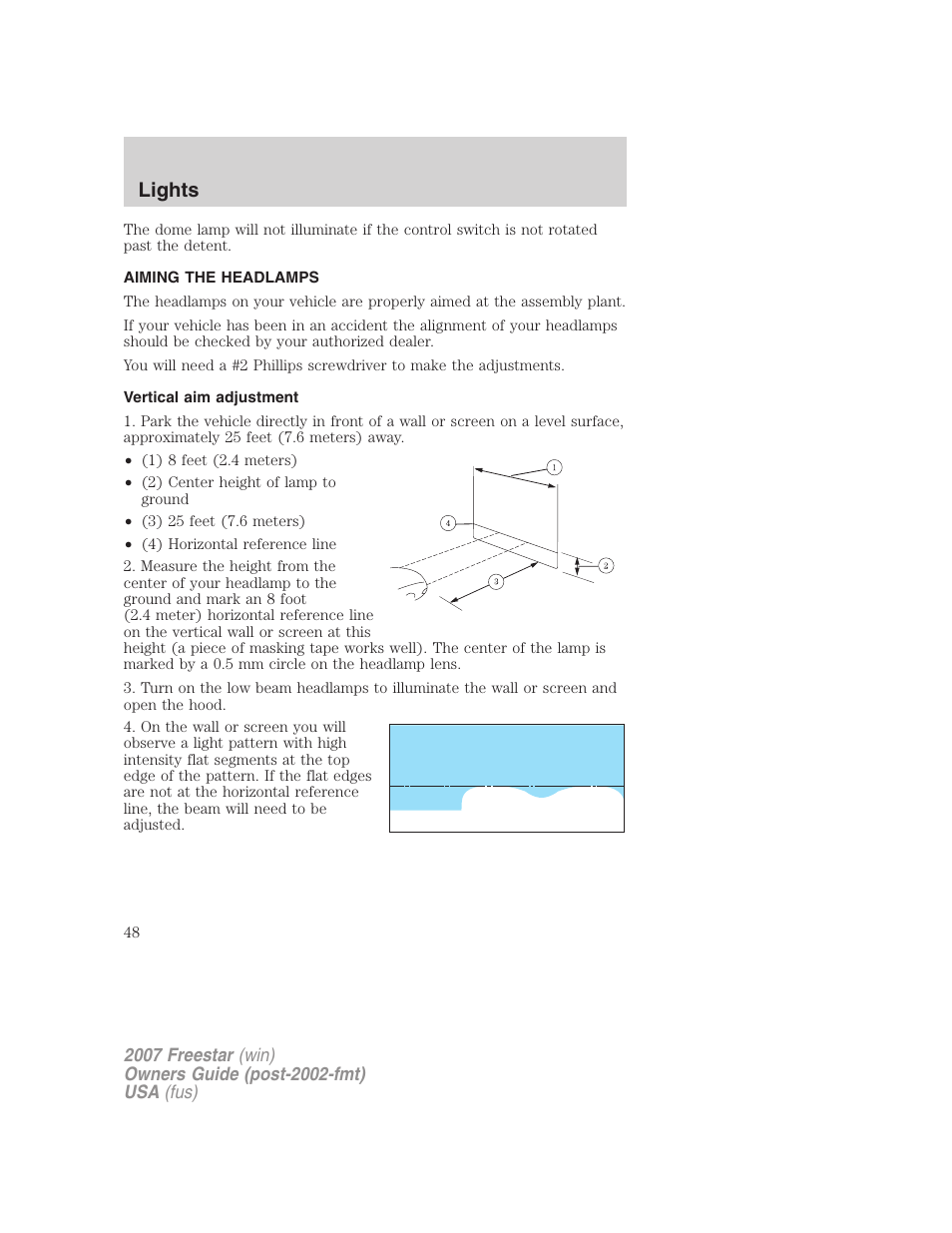 Aiming the headlamps, Vertical aim adjustment, Lights | FORD 2007 Freestar v.2 User Manual | Page 48 / 320