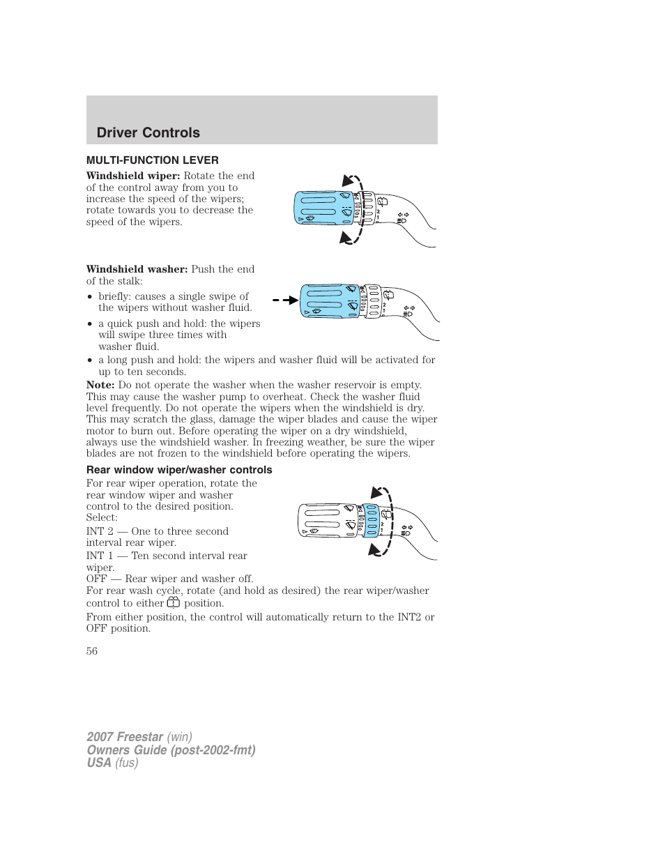 Driver controls, Multi-function lever, Rear window wiper/washer controls | Windshield wiper/washer control | FORD 2007 Freestar v.2 User Manual | Page 56 / 320