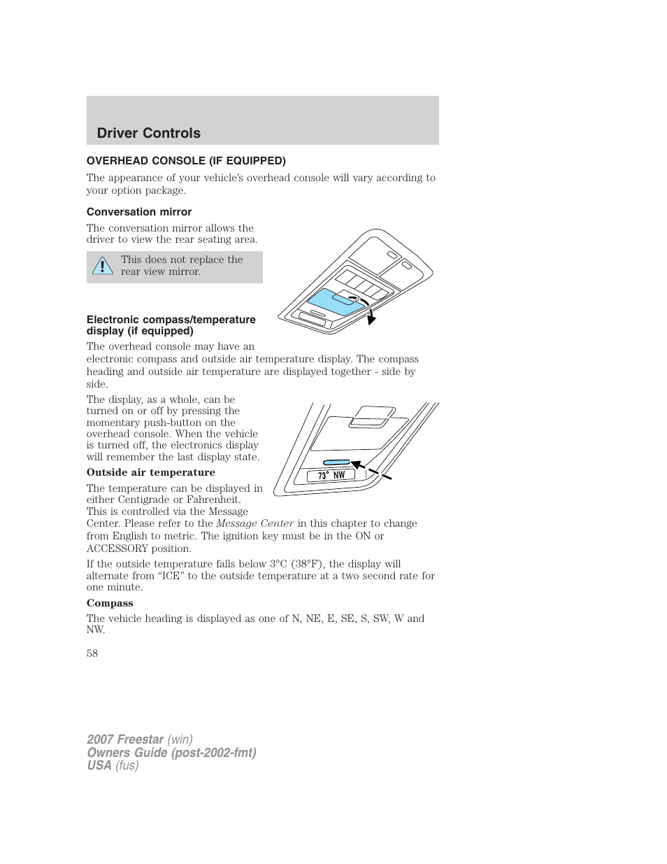 Overhead console (if equipped), Conversation mirror, Driver controls | FORD 2007 Freestar v.2 User Manual | Page 58 / 320