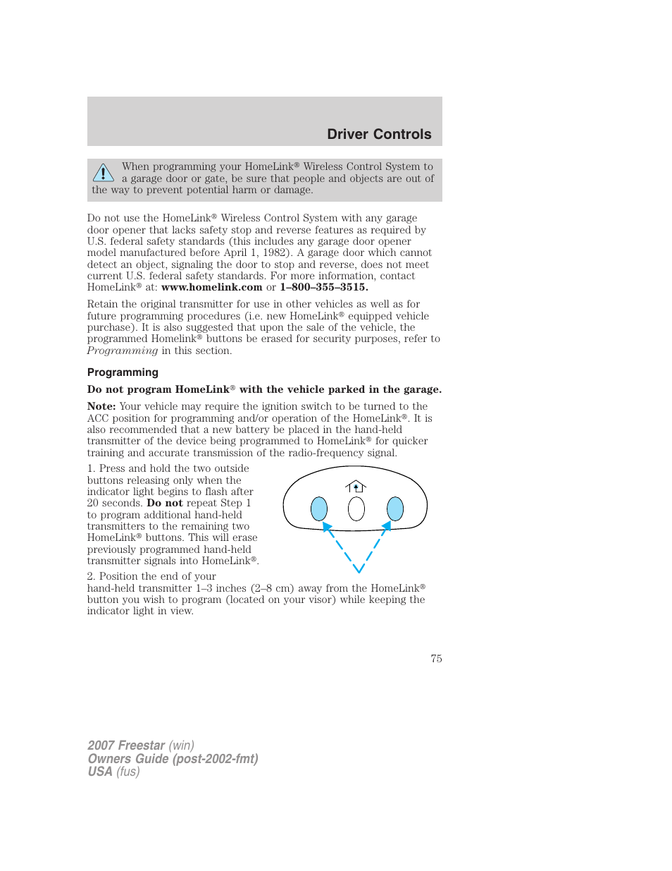 Programming, Driver controls | FORD 2007 Freestar v.2 User Manual | Page 75 / 320