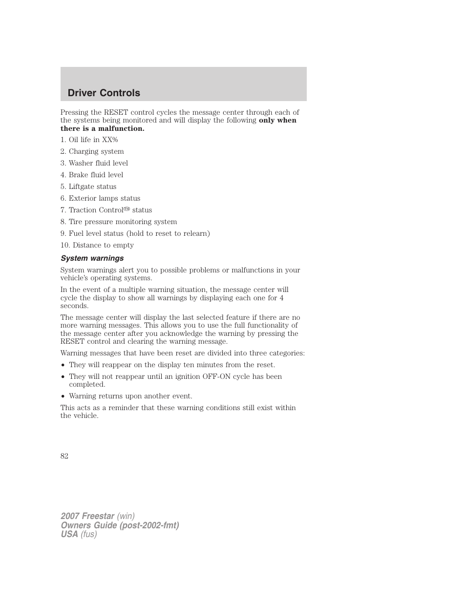 System warnings, Driver controls | FORD 2007 Freestar v.2 User Manual | Page 82 / 320