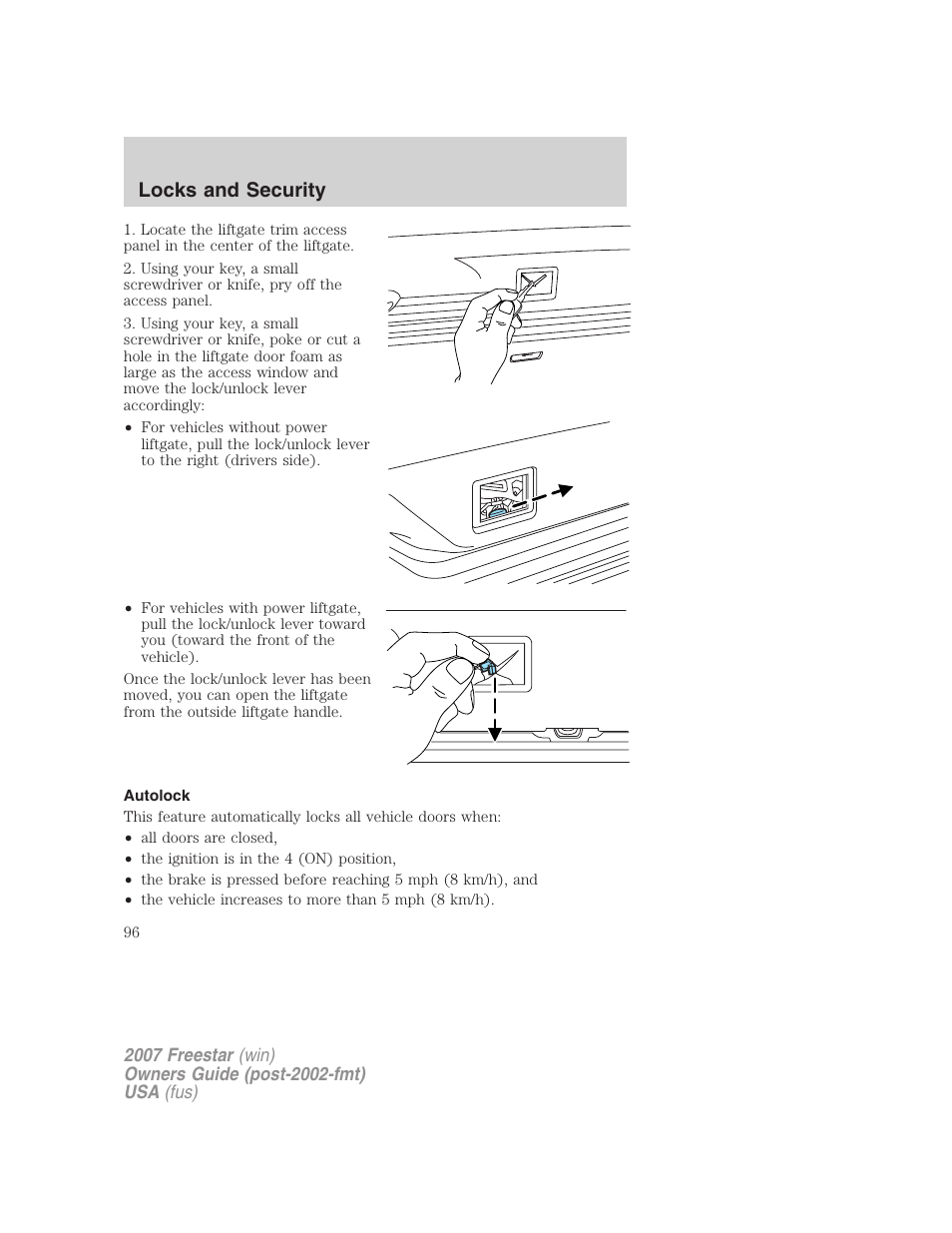 Autolock, Locks and security | FORD 2007 Freestar v.2 User Manual | Page 96 / 320