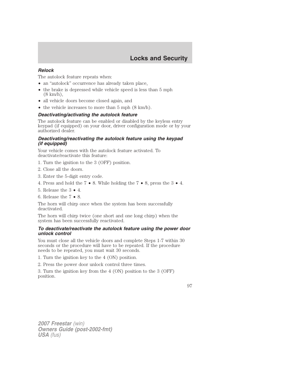 Relock, Deactivating/activating the autolock feature, Locks and security | FORD 2007 Freestar v.2 User Manual | Page 97 / 320
