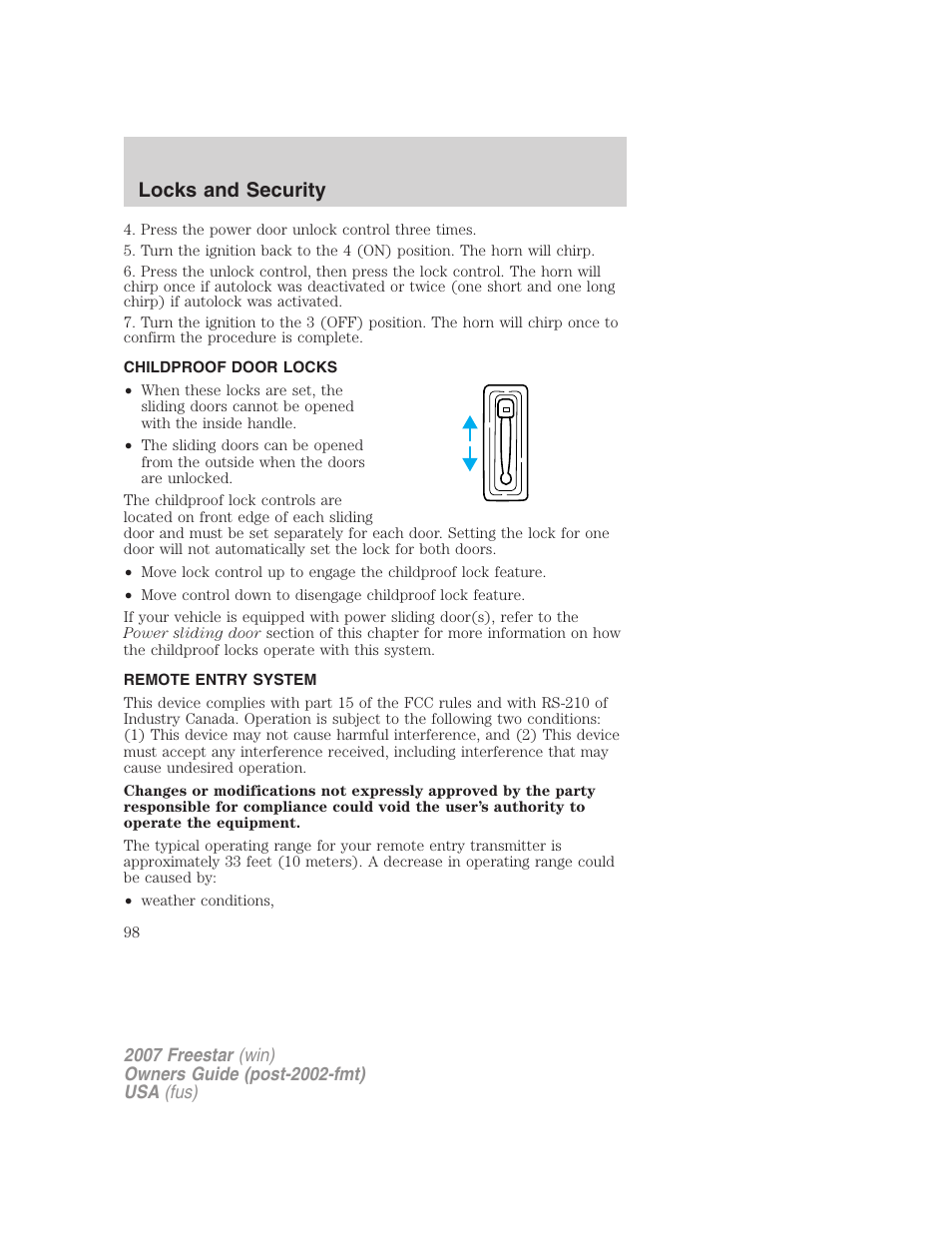 Childproof door locks, Remote entry system, Locks and security | FORD 2007 Freestar v.2 User Manual | Page 98 / 320