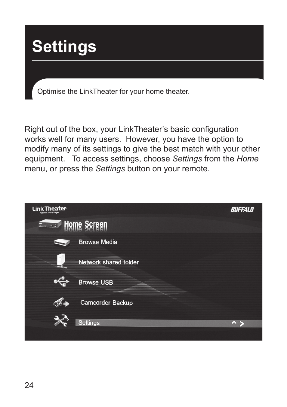 Settings | Buffalo Technology LT-H90 User Manual | Page 24 / 38