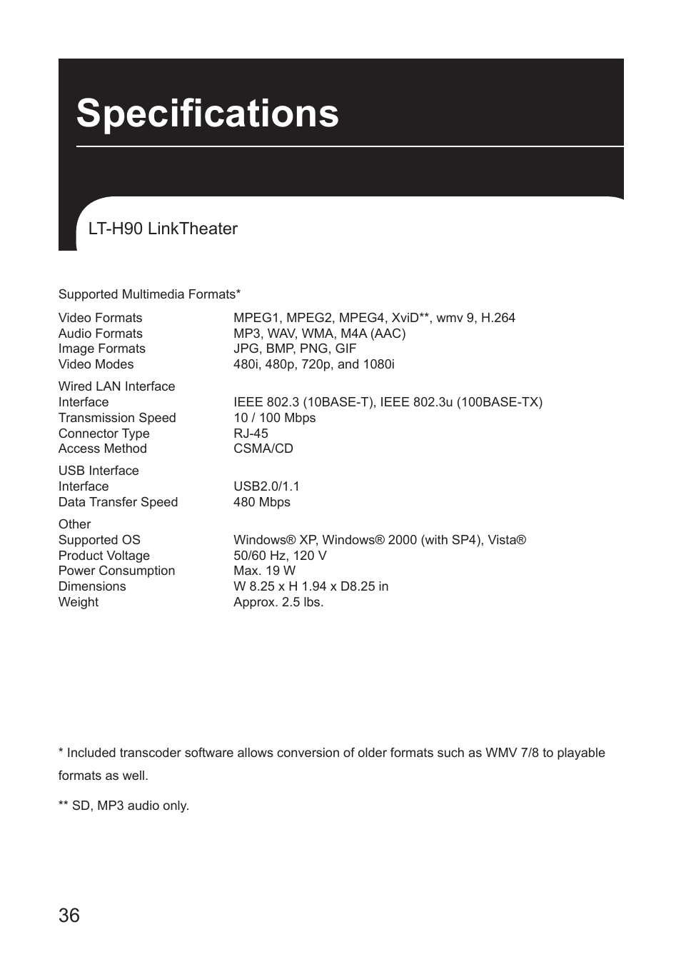 Specifications, Lt-h0 linktheater | Buffalo Technology LT-H90 User Manual | Page 36 / 38