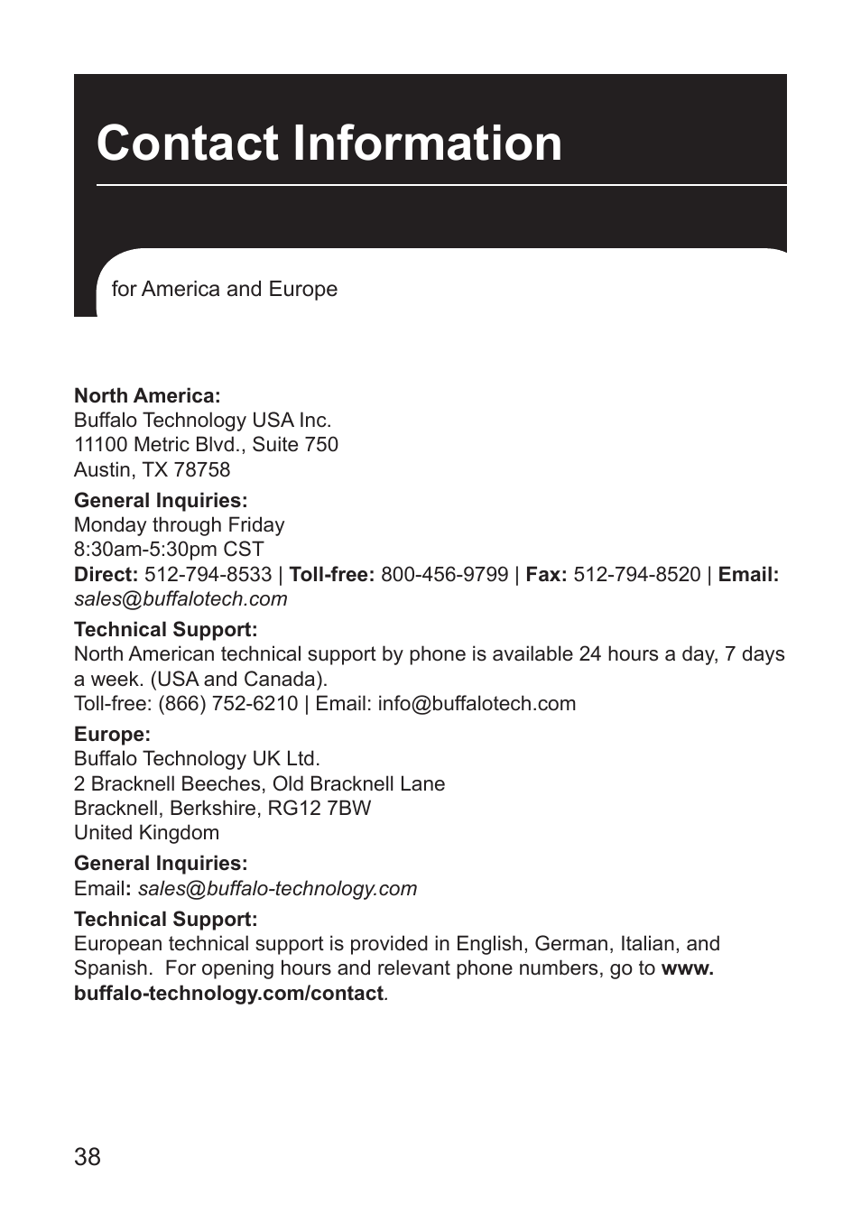 Contact information | Buffalo Technology LT-H90 User Manual | Page 38 / 38