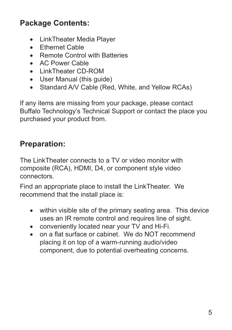 Package contents, Preparation | Buffalo Technology LT-H90 User Manual | Page 5 / 38