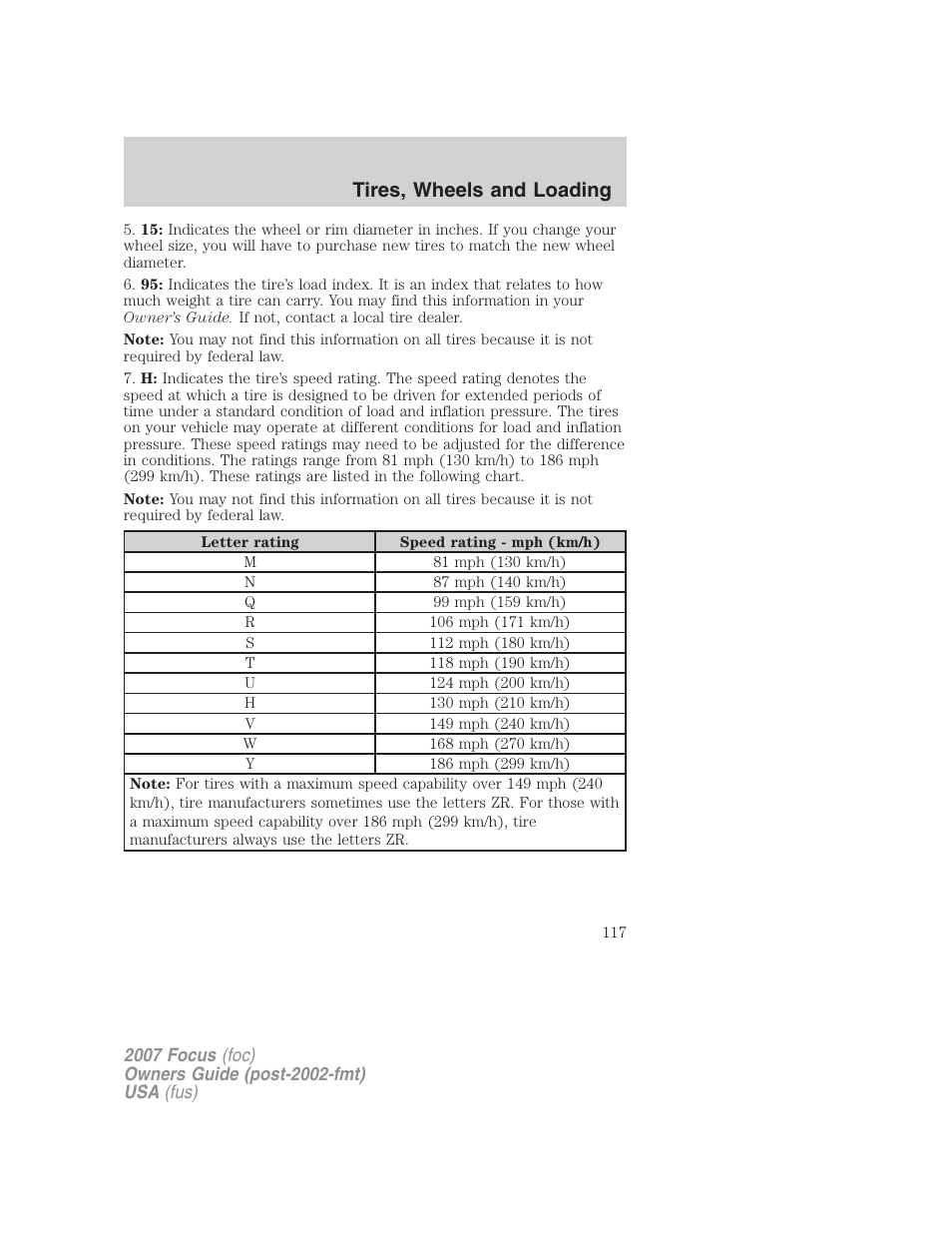 Tires, wheels and loading | FORD 2007 Focus v.1 User Manual | Page 117 / 224