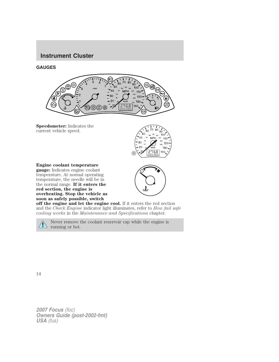 Gauges, Instrument cluster | FORD 2007 Focus v.1 User Manual | Page 14 / 224