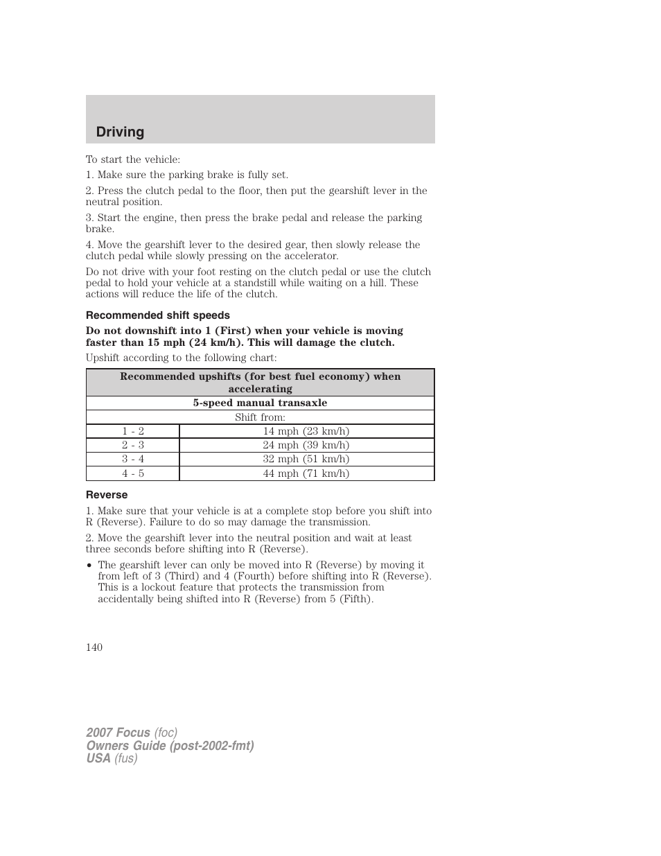 Recommended shift speeds, Reverse, Driving | FORD 2007 Focus v.1 User Manual | Page 140 / 224