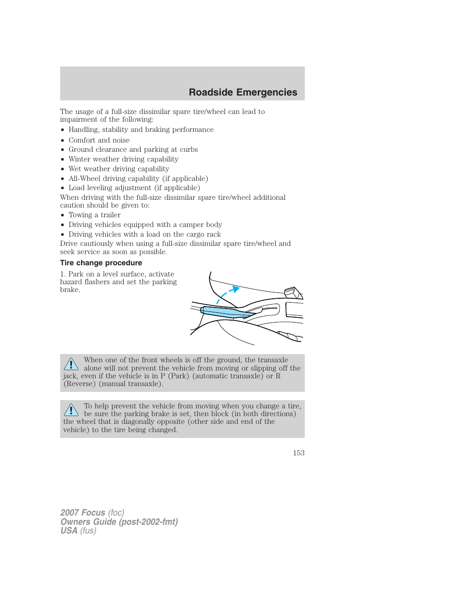 Tire change procedure, Roadside emergencies | FORD 2007 Focus v.1 User Manual | Page 153 / 224