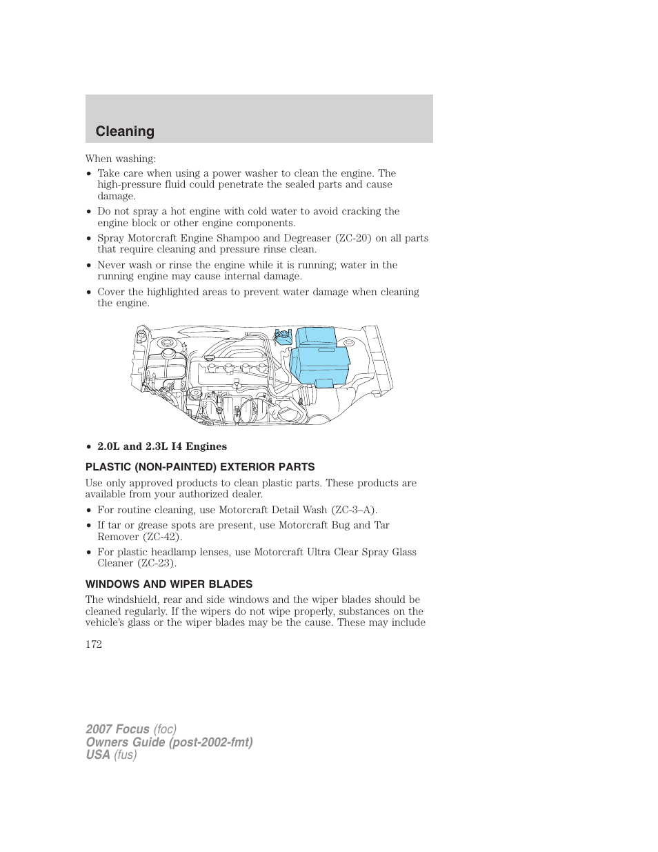 Plastic (non-painted) exterior parts, Windows and wiper blades, Cleaning | FORD 2007 Focus v.1 User Manual | Page 172 / 224