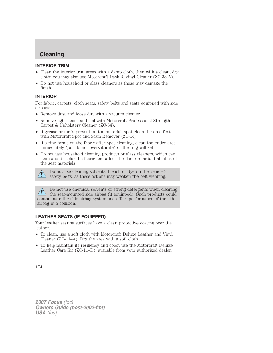 Interior trim, Interior, Leather seats (if equipped) | Cleaning | FORD 2007 Focus v.1 User Manual | Page 174 / 224