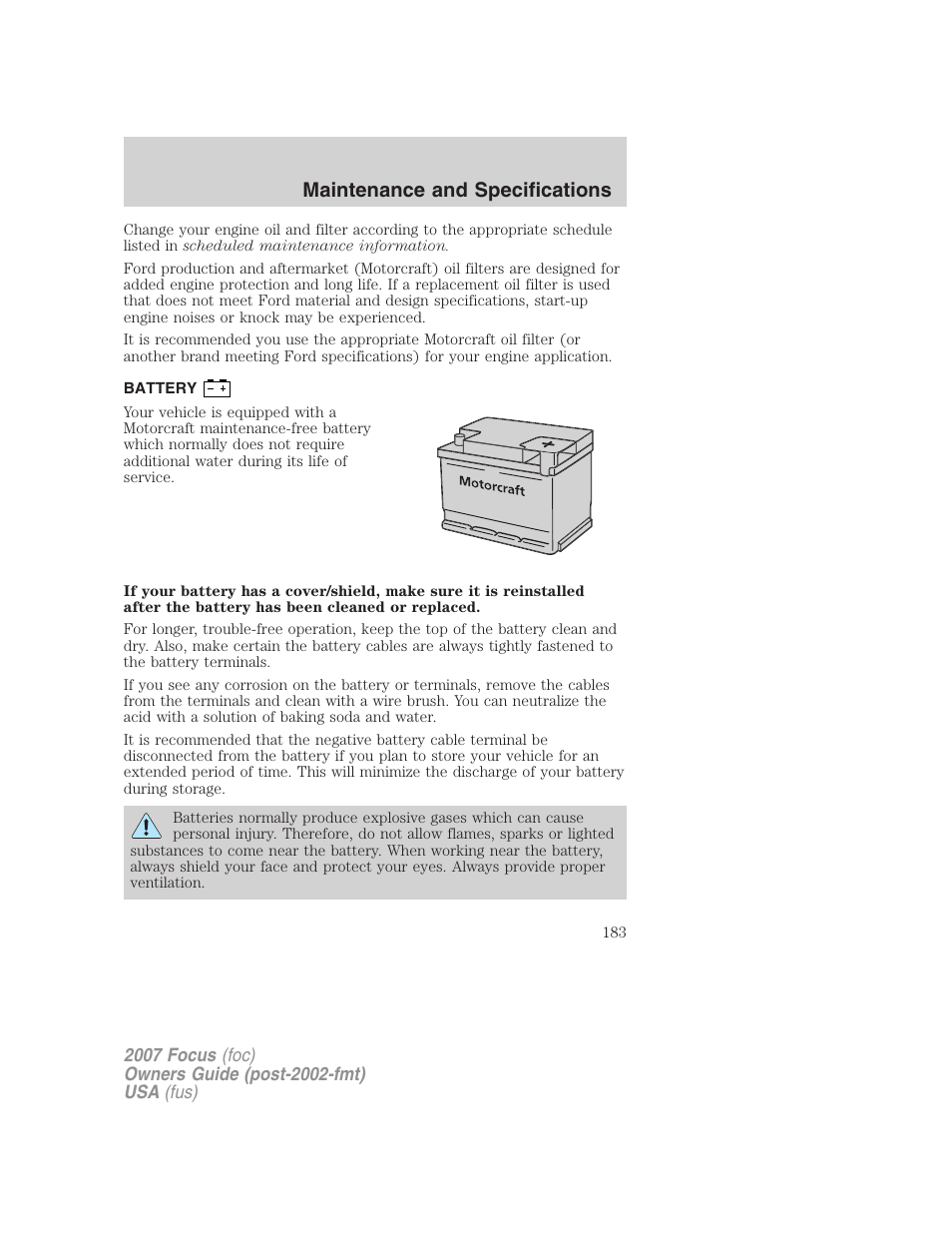 Battery, Maintenance and specifications | FORD 2007 Focus v.1 User Manual | Page 183 / 224