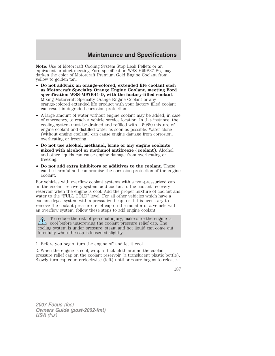 Maintenance and specifications | FORD 2007 Focus v.1 User Manual | Page 187 / 224