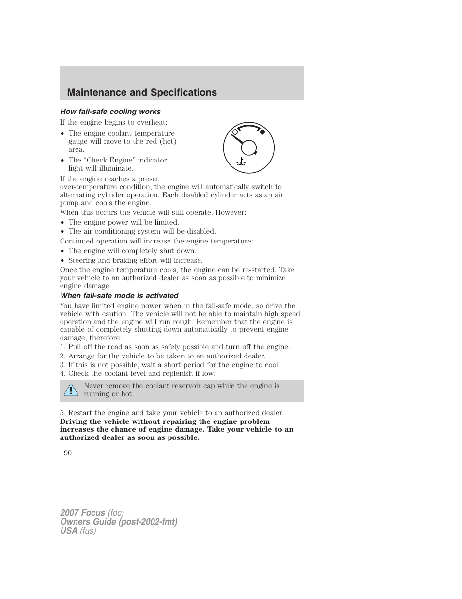 How fail-safe cooling works, When fail-safe mode is activated, Maintenance and specifications | FORD 2007 Focus v.1 User Manual | Page 190 / 224