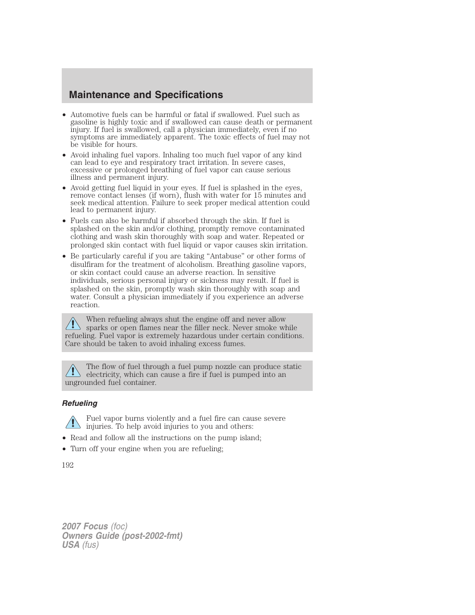 Refueling, Maintenance and specifications | FORD 2007 Focus v.1 User Manual | Page 192 / 224
