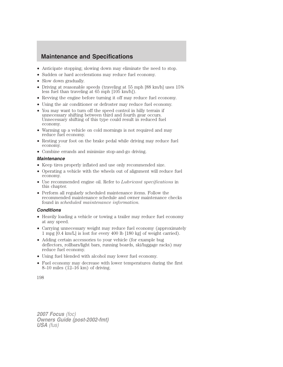 Maintenance, Conditions, Maintenance and specifications | FORD 2007 Focus v.1 User Manual | Page 198 / 224