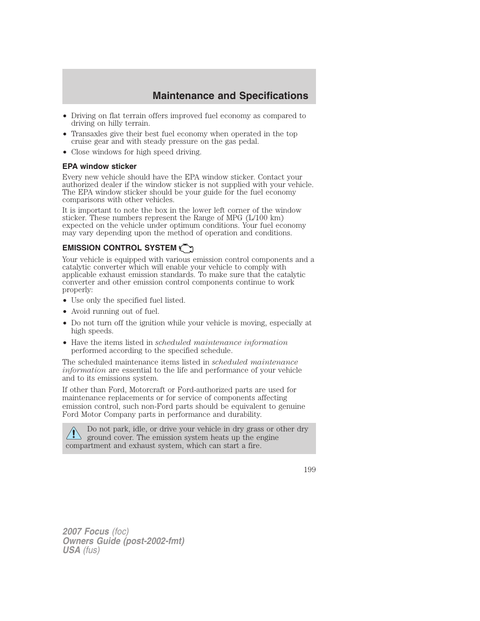 Epa window sticker, Emission control system, Maintenance and specifications | FORD 2007 Focus v.1 User Manual | Page 199 / 224