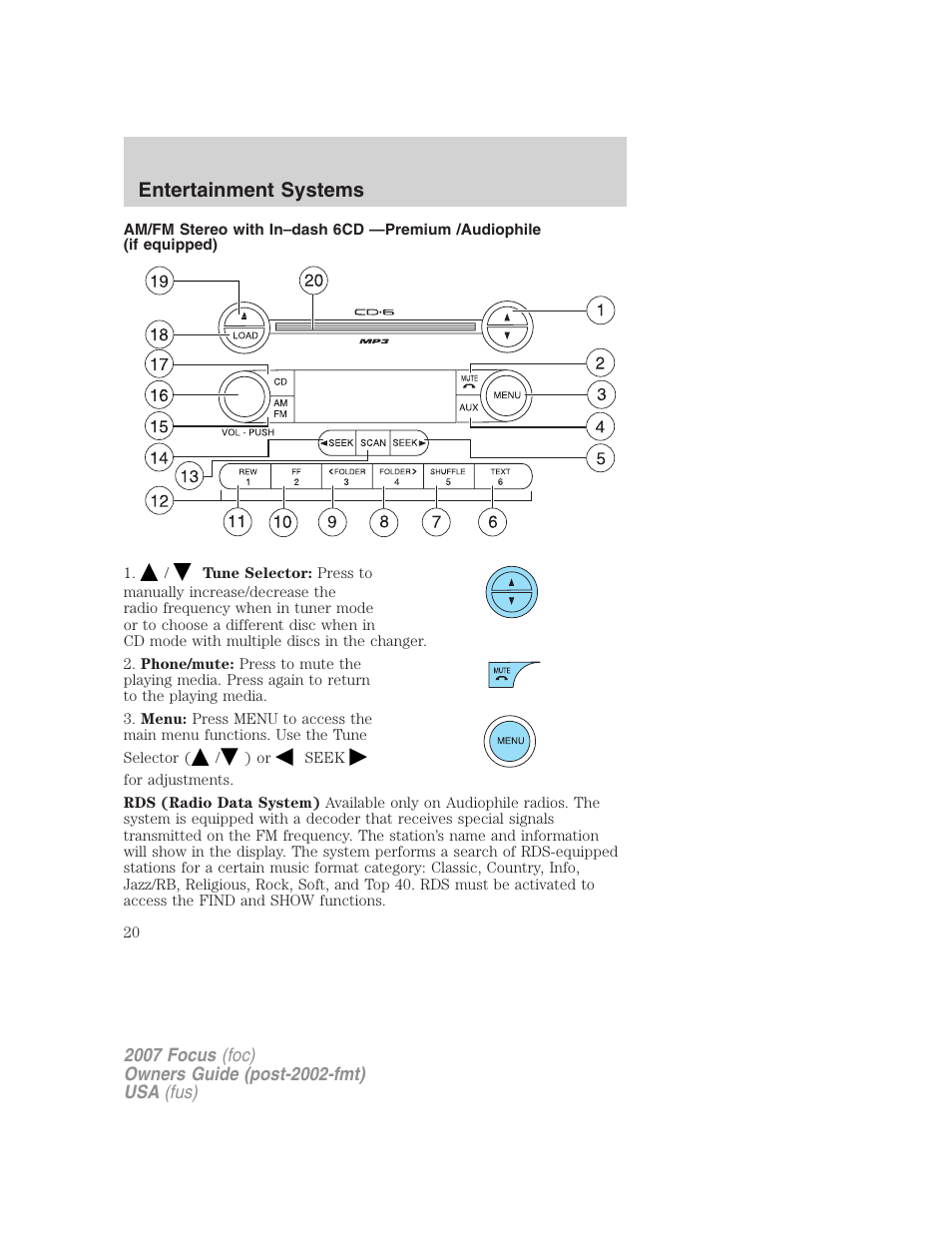 Am/fm stereo with in-dash six cd, Entertainment systems | FORD 2007 Focus v.1 User Manual | Page 20 / 224