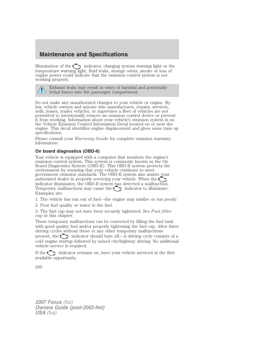 On board diagnostics (obd-ii), Maintenance and specifications | FORD 2007 Focus v.1 User Manual | Page 200 / 224