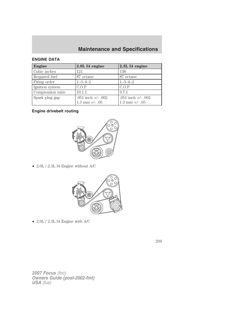 Engine data, Engine drivebelt routing, Maintenance and specifications | FORD 2007 Focus v.1 User Manual | Page 209 / 224