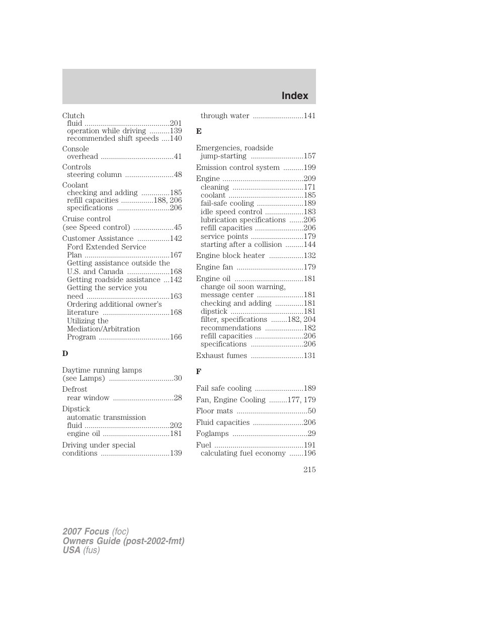 Index | FORD 2007 Focus v.1 User Manual | Page 215 / 224