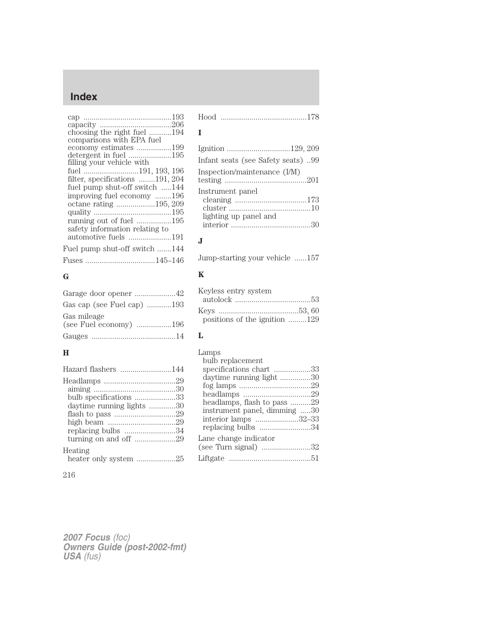 Index | FORD 2007 Focus v.1 User Manual | Page 216 / 224