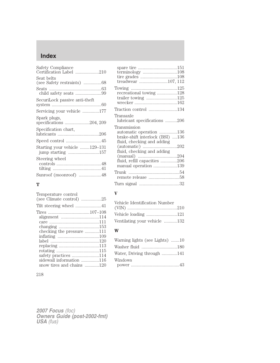 Index | FORD 2007 Focus v.1 User Manual | Page 218 / 224
