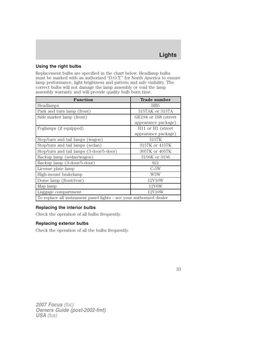 Using the right bulbs, Replacing the interior bulbs, Replacing exterior bulbs | Lights | FORD 2007 Focus v.1 User Manual | Page 33 / 224
