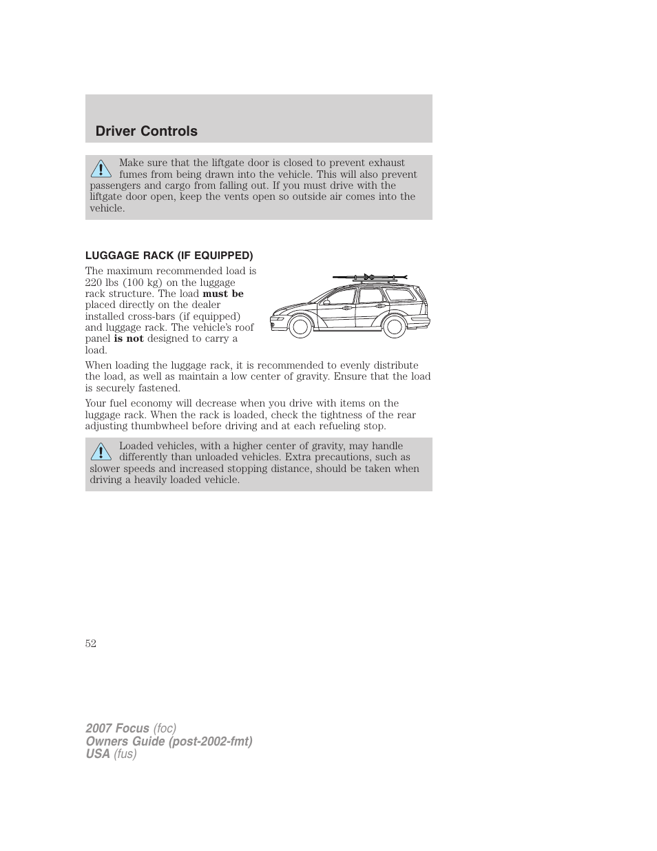 Luggage rack (if equipped), Driver controls | FORD 2007 Focus v.1 User Manual | Page 52 / 224