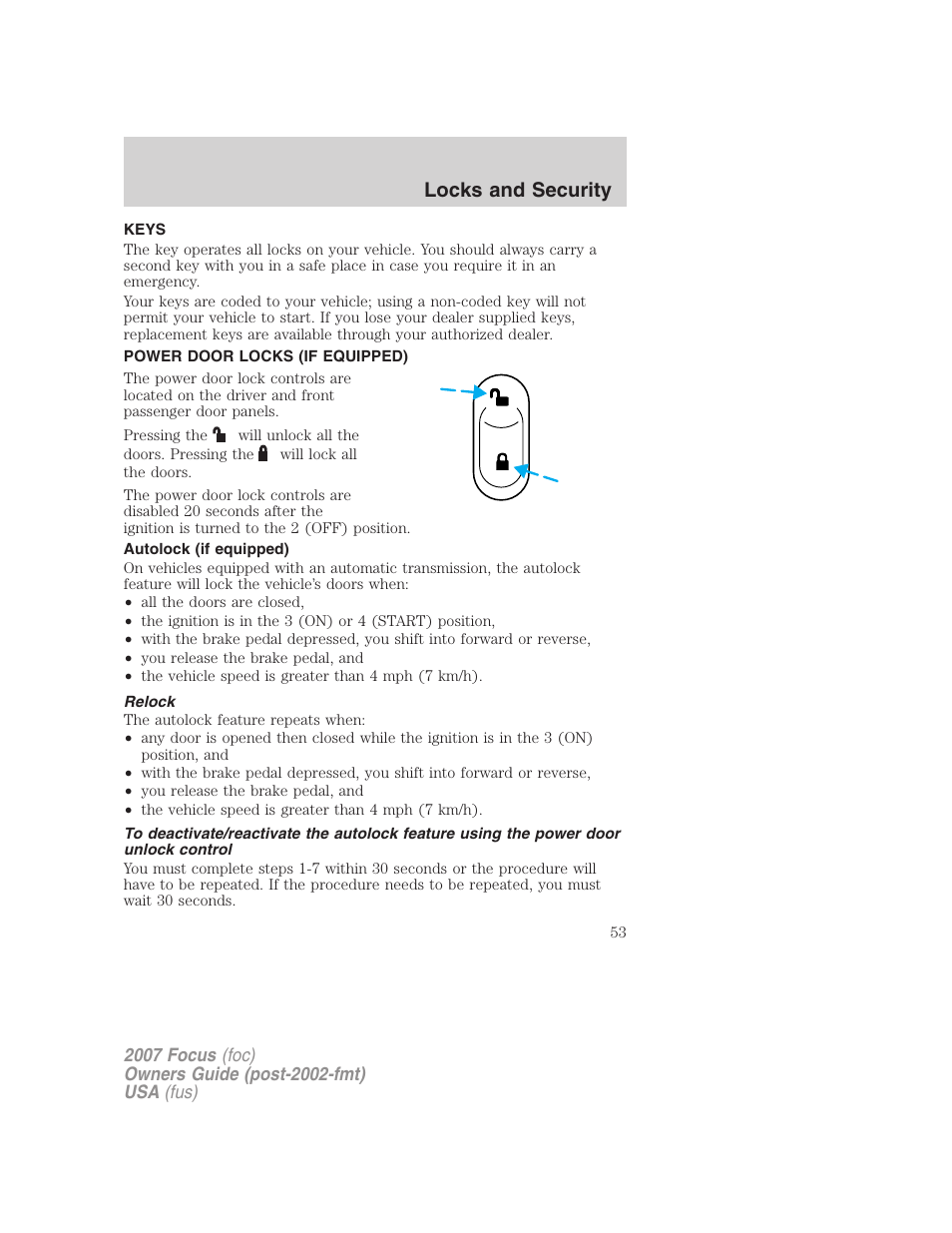 Locks and security, Keys, Power door locks (if equipped) | Autolock (if equipped), Relock, Locks | FORD 2007 Focus v.1 User Manual | Page 53 / 224