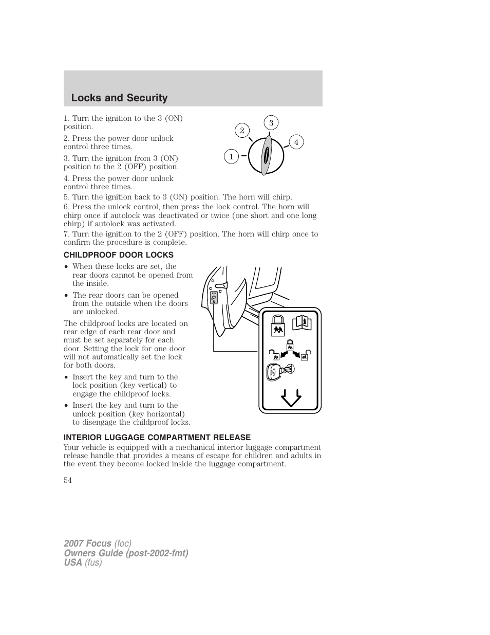 Childproof door locks, Interior luggage compartment release, Locks and security | FORD 2007 Focus v.1 User Manual | Page 54 / 224