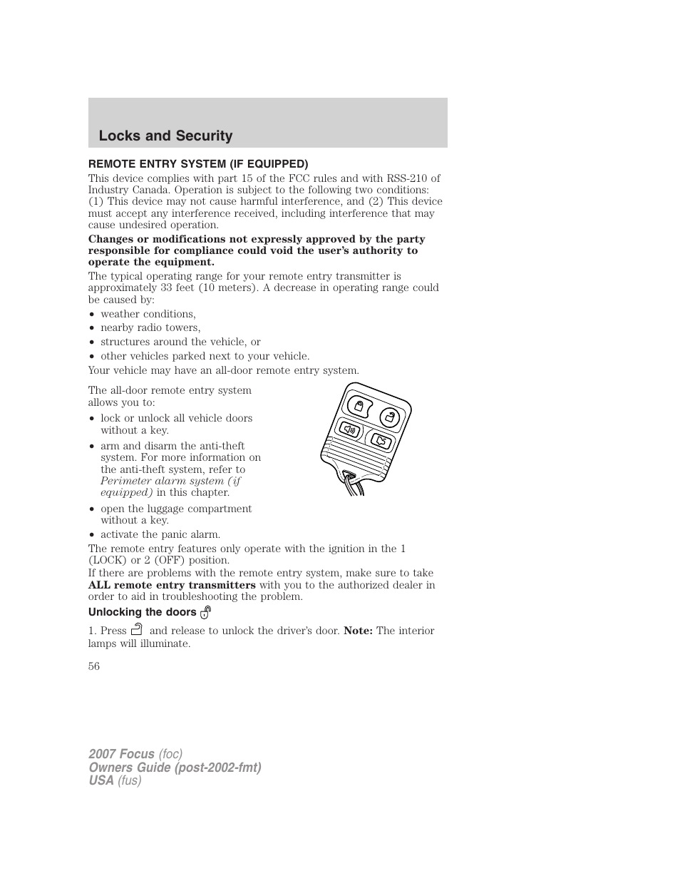 Remote entry system (if equipped), Unlocking the doors, Locks and security | FORD 2007 Focus v.1 User Manual | Page 56 / 224