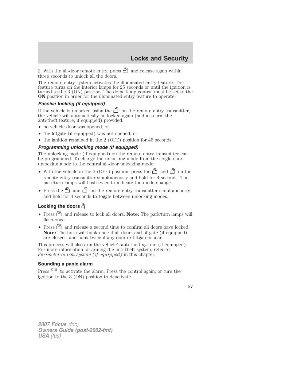 Passive locking (if equipped), Programming unlocking mode (if equipped), Locking the doors | Sounding a panic alarm, Locks and security | FORD 2007 Focus v.1 User Manual | Page 57 / 224