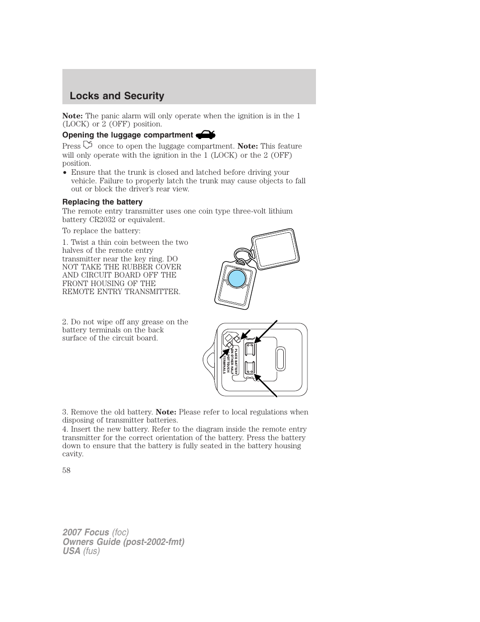 Opening the luggage compartment, Replacing the battery, Locks and security | FORD 2007 Focus v.1 User Manual | Page 58 / 224