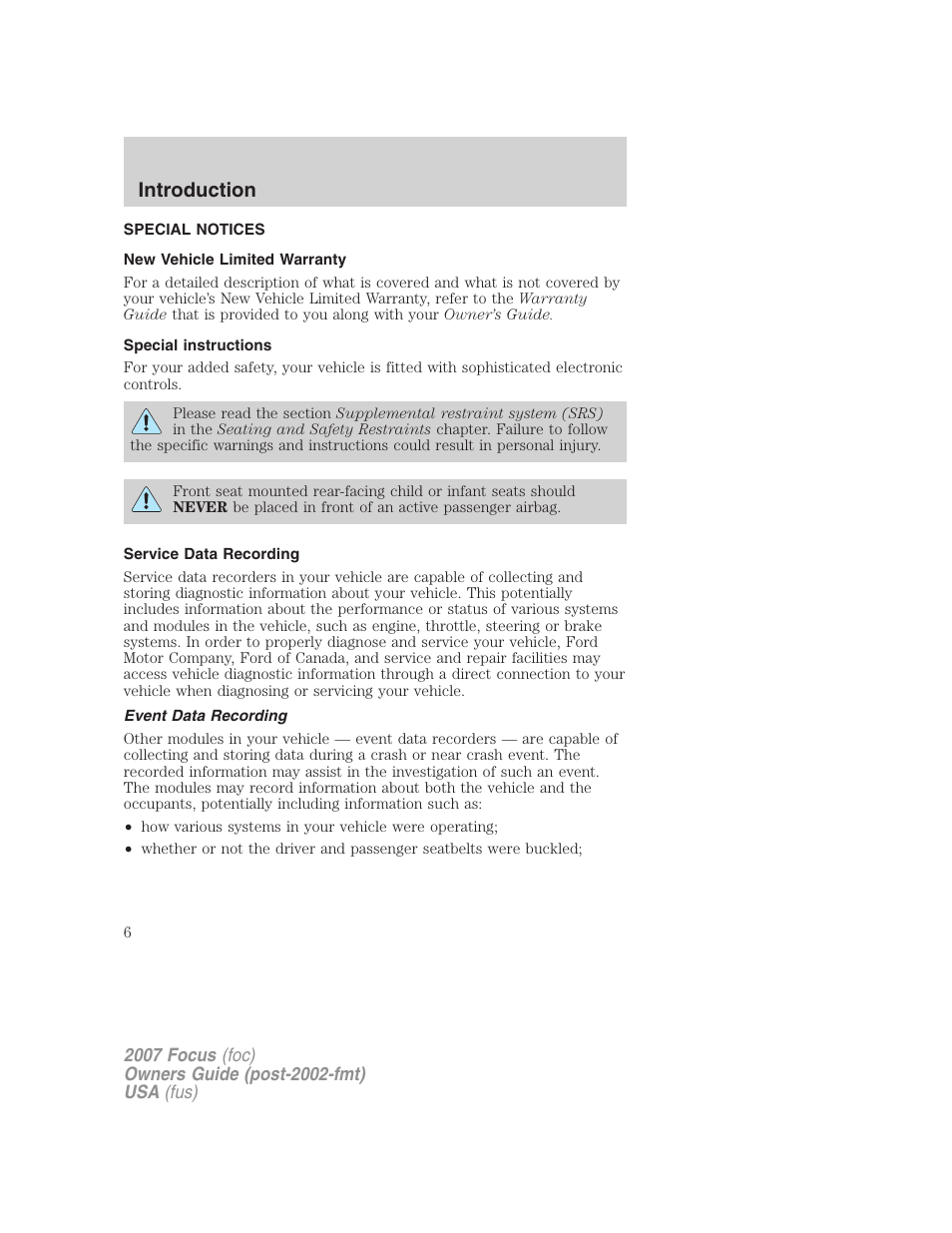 Special notices, New vehicle limited warranty, Special instructions | Service data recording, Event data recording, Introduction | FORD 2007 Focus v.1 User Manual | Page 6 / 224