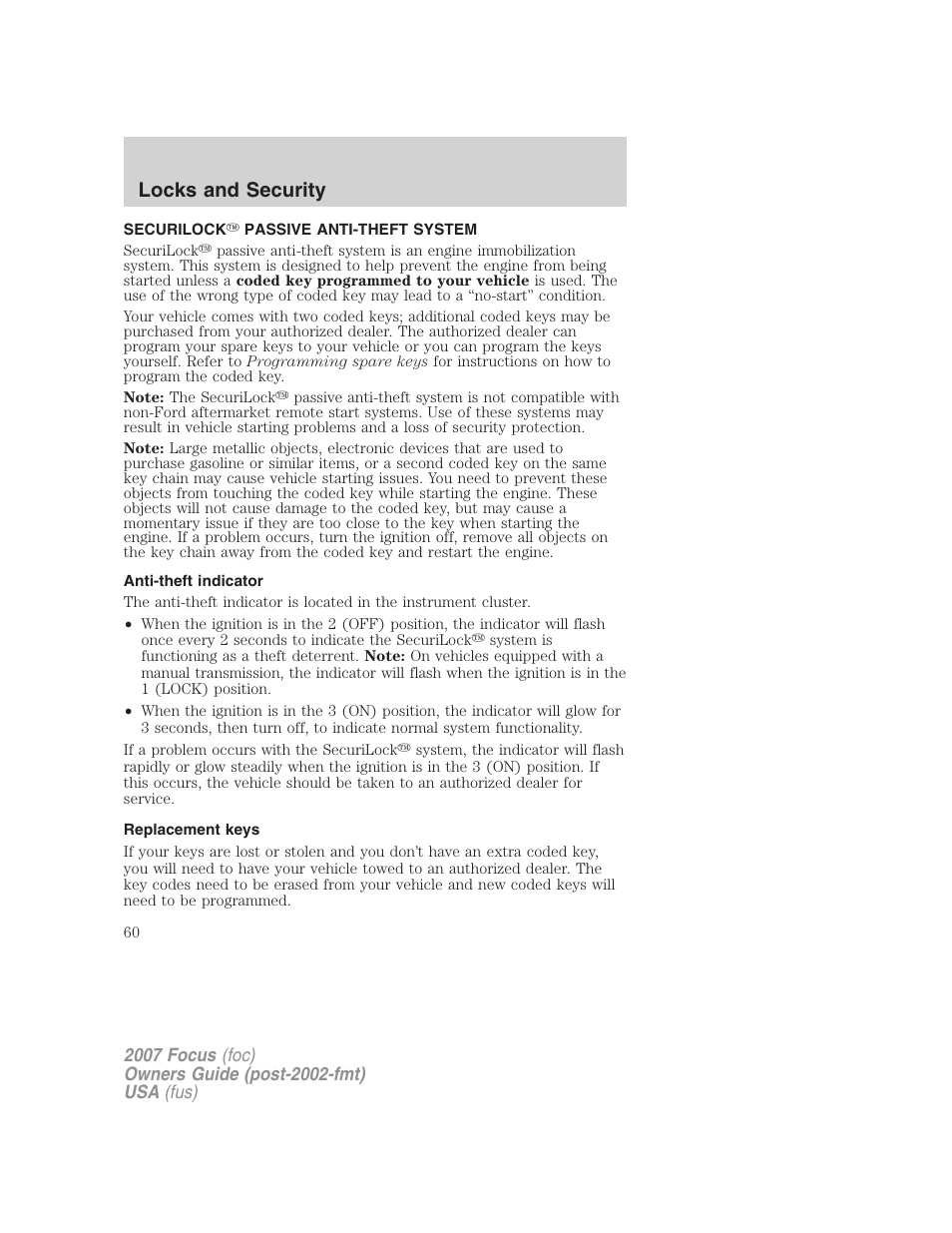 Securilock passive anti-theft system, Anti-theft indicator, Replacement keys | Anti-theft system, Locks and security | FORD 2007 Focus v.1 User Manual | Page 60 / 224