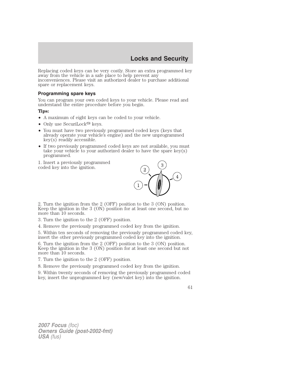 Programming spare keys, Locks and security | FORD 2007 Focus v.1 User Manual | Page 61 / 224